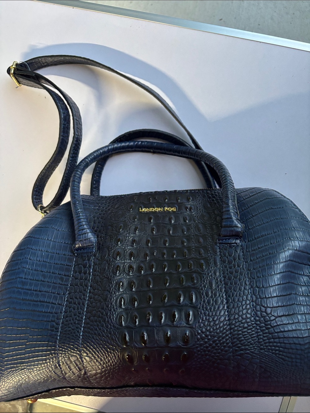 London Fog Navy Croc-Embossed Satchel with Gold Logo
